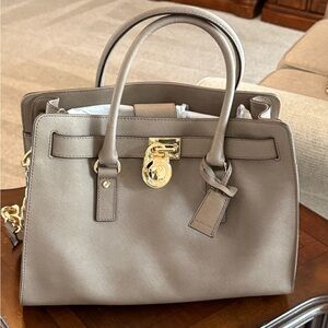 Elegant Taupe Handbag with Gold Accents